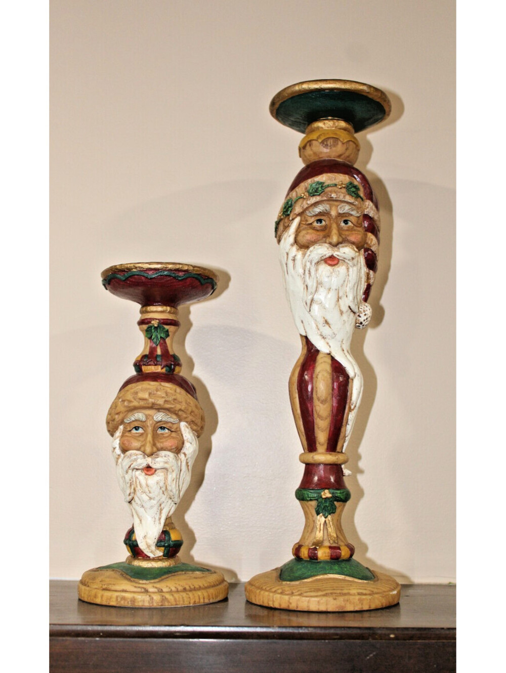 Woodland Santa Detailed Colorful Candlestick Holders 15" & 10" Lot/2 LNC Holiday
